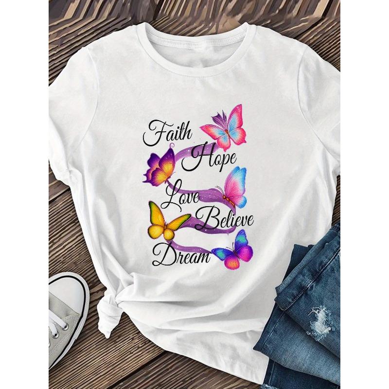 Women Butterfly Floral Print T-Shirt Round Neck Short Sleeve Loose Fit Spring Summer Fall Fashion Top S