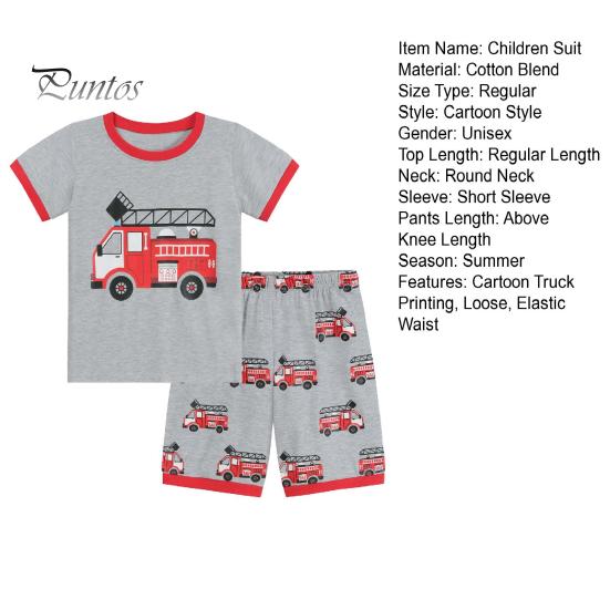 2 Pcs/Set Children Top Pants Suit Cartoon Truck Printing O Neck Pajamas Short Sleeve Summer Outfit Unisex Casual Homewear Clothes