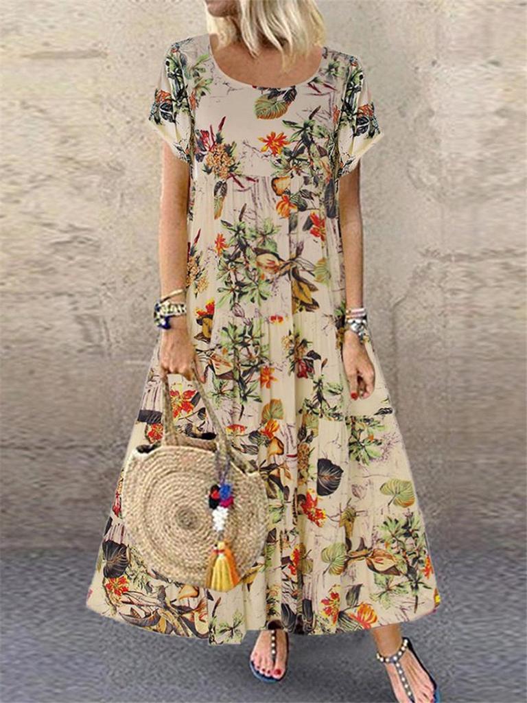 2024 Retro Floral Print Short-Sleeve Round-Neck Women's Dress