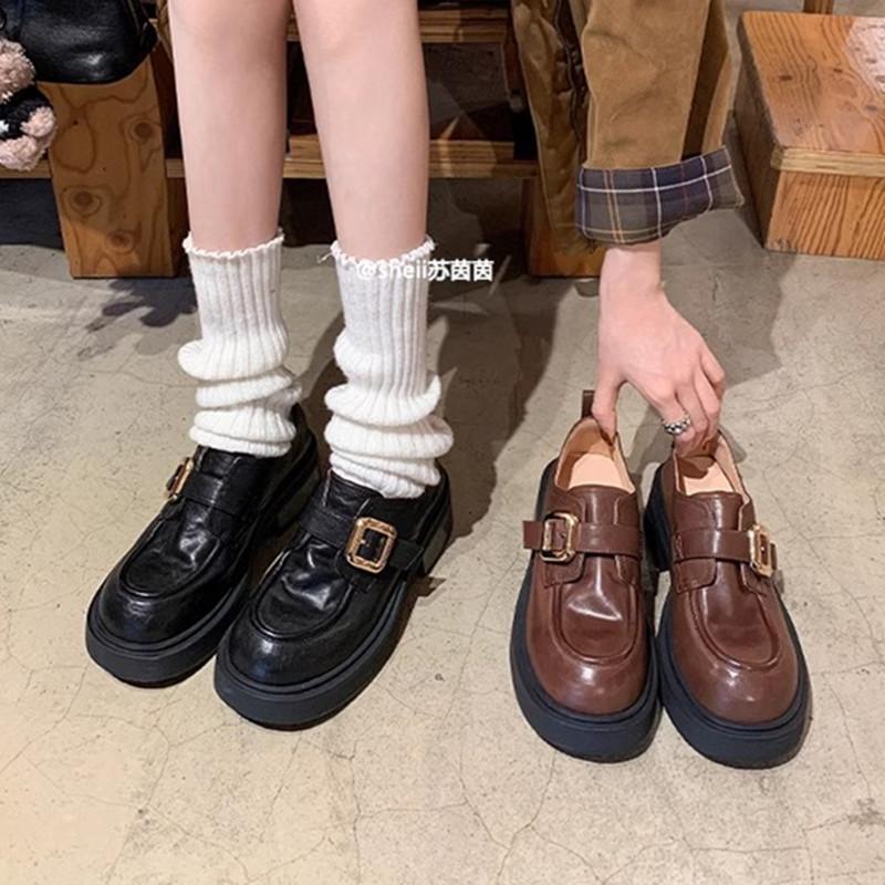 Grape Mother Has the Same Style, and It Will Not Fade~ Washed Shrinkage Horse Skin Thick-soled Small Gold Buckle Loafer Single Shoes and Small Leathe