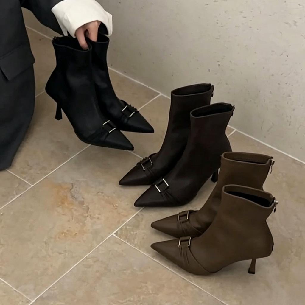 French pointed metal square buckle decorative high-heeled short boots autumn and winter thin simple zipper women's commuter elastic bare boots