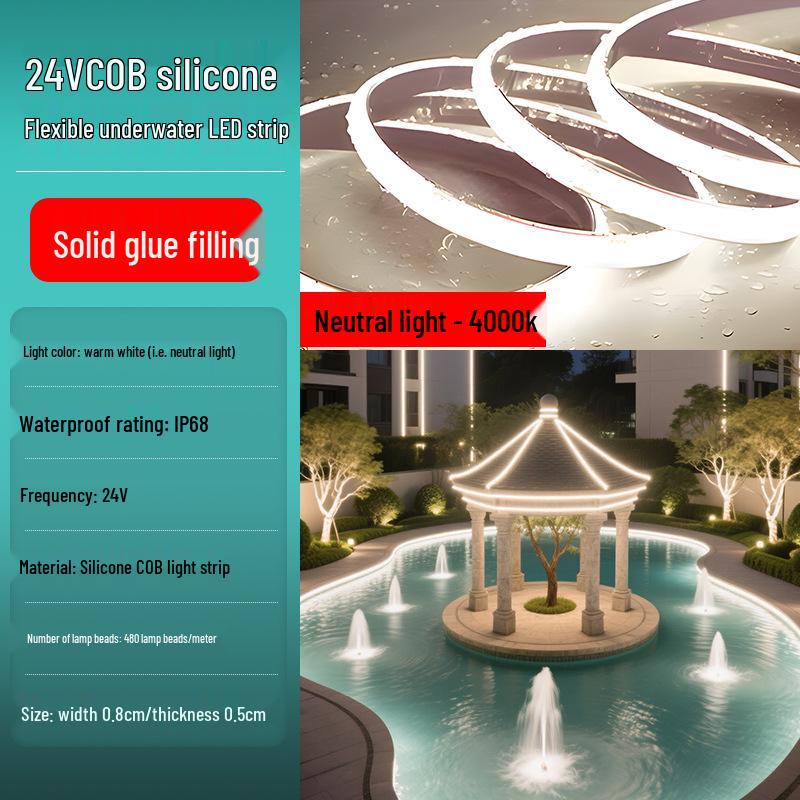 Wasserdichtes Niedervolt IP68 Silikon COB LED Streifenlicht 24V/12V, Unterwasser tauchfähig, Selbstklebend, Flexibel für den Außenbereich.