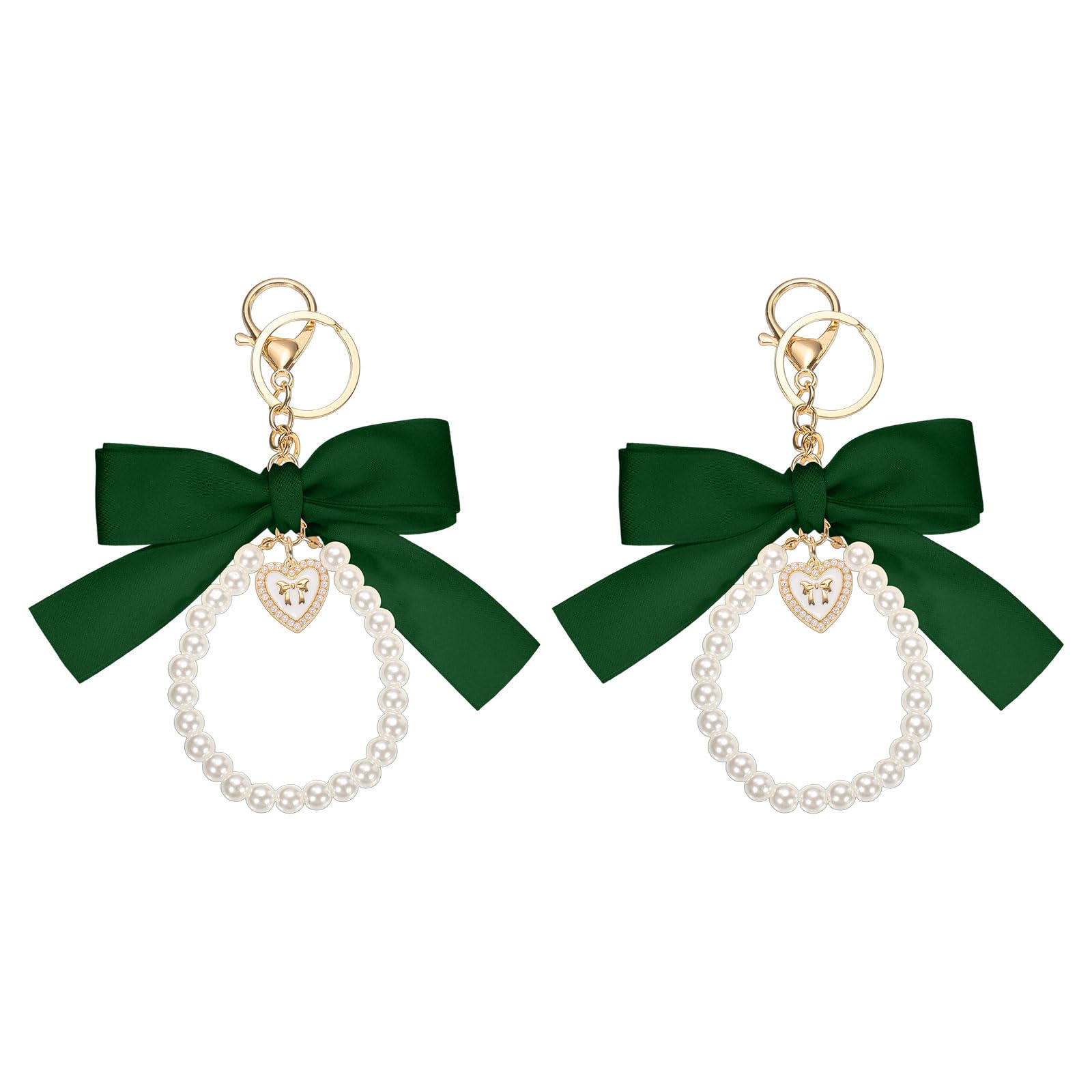 [uxcell] 2 шт. Брелок-бант из ленты, Милый аксессуар для сумки на запястье с жемчугом, Бант-украшение с подвеской-сердечком, Зеленый