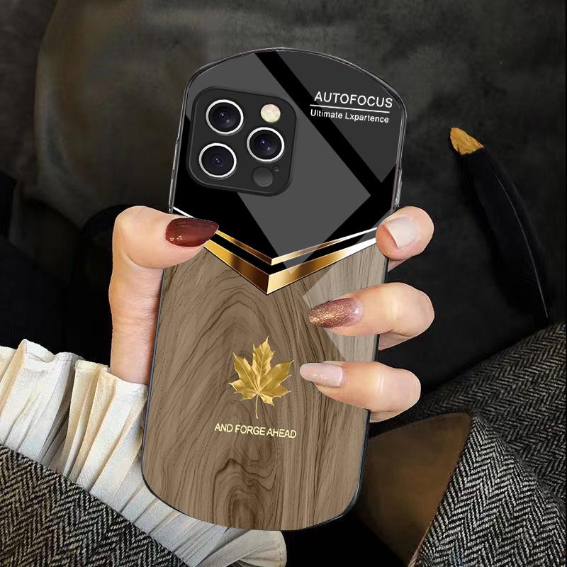 V-shaped Maple Leaf For Iphone 11 12 13 14 15 16 Pro Max Plus Mini 7 8 Se 2020 X Xs Xr Elliptical Tempered Glass Phone Case
