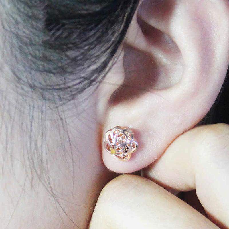 Rose Gold Plated Double-Layer Hollow Rose Purple Gold Exquisite Colored Gold Stud Earrings For Women