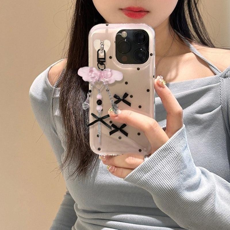 Cute Pink Butterfly Phone Charm Stylish Keychain Pendant Beaded Cellphone Pendant Phone Lanyard for Women and Girls