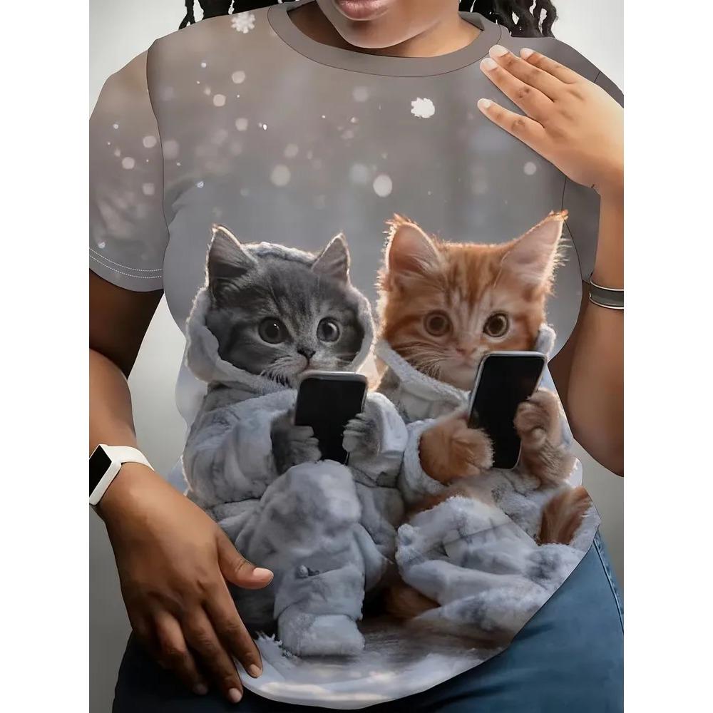 Sommer Damen 3D-Druck Rundhals T-Shirt Mode Vielseitig Atmungsaktiv Trend Lässig