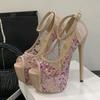 Fashion Liyke Fashion Design Pink Flowers PVC Transparent Women Platform Pumps Sexy Peep Toe 16CM Super High Heels Wedding Banquet Shoes