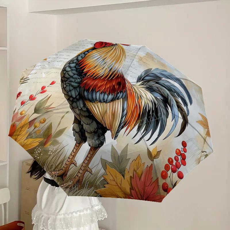 1pc Autumnal Rooster with Berries and Leaves Umbrella with Plastic Handle,Suitable for All Seasons Home Travel Outdoor UmbrellaDD1519