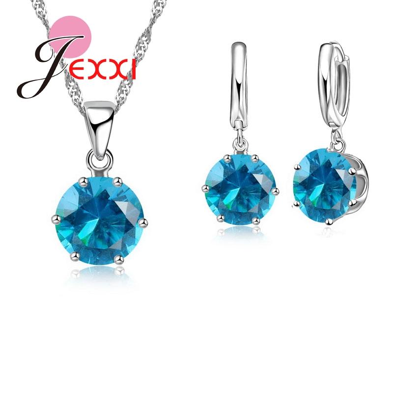 New Fashion 925 Silver Color Shiny Crystals Rhinestones Stones Woman Earring Necklace Jewelry Set 16 Colors