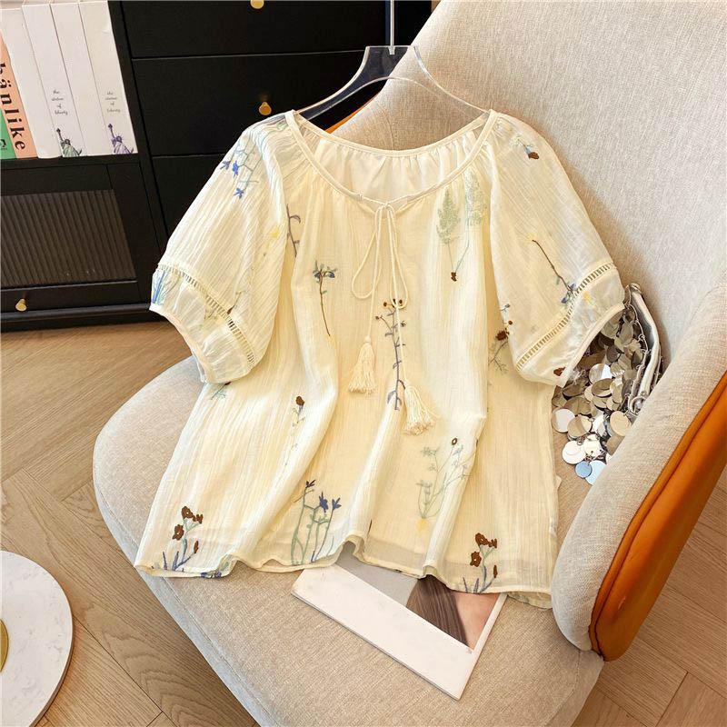 Short-sleeved Shirt Women Summer Loose Thin Flowers Printed Round Neck Tie Blouse Top