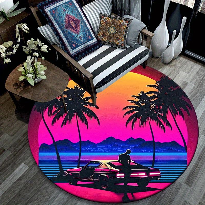 1pc Soft, Absorbent & Non Slip Sunset and car Round Rug Soft Circle Rug for Living Room & Bedroom Decor, Chair Mats, and Unforgettable Home
