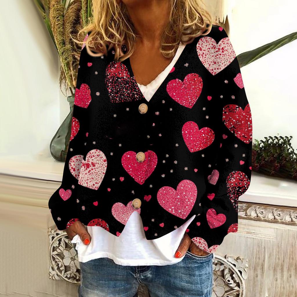 Kvinnemote kort jakke Uformell langermet Valentinsdag trykt Single Breasted plysj topp