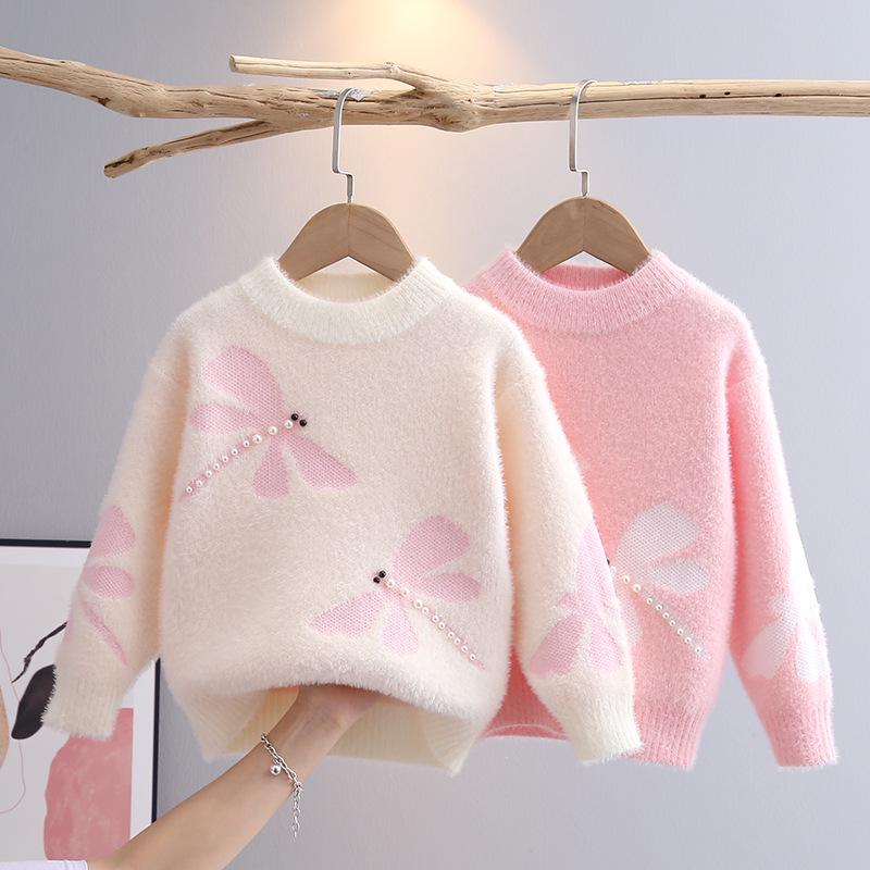Girls' Mink Velvet Knitted Pullover Sweater - Thickened and Fashionable for Autumn/Winter