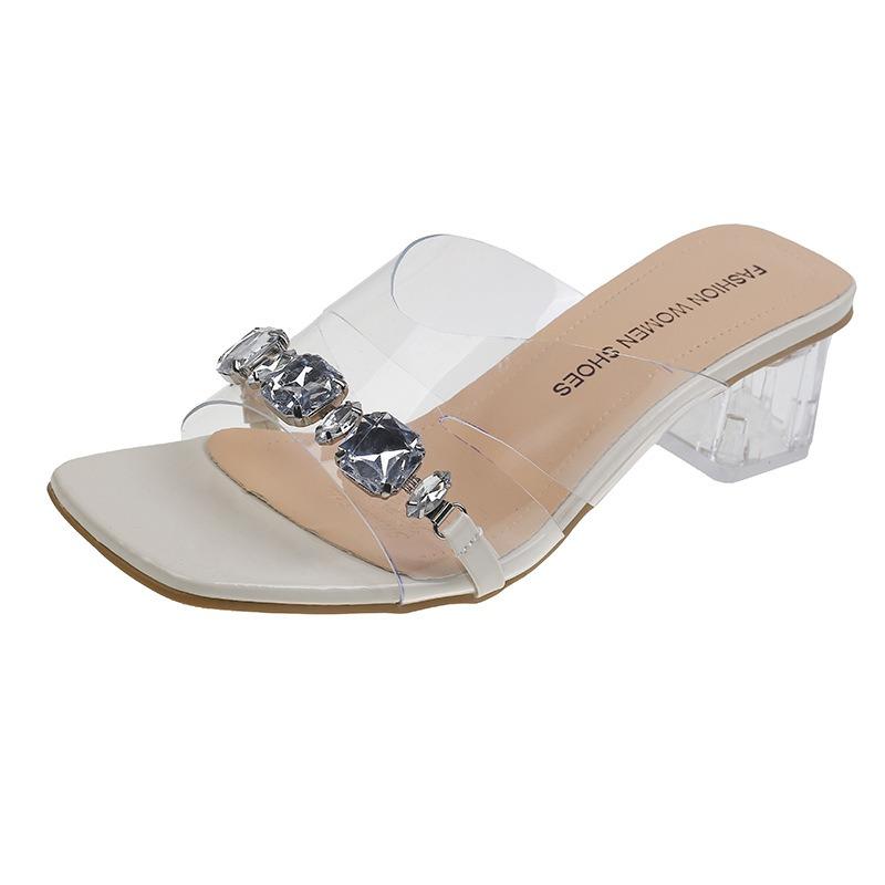 Summer new large-size high-heeled slippers women's fashion square-head rhinestone one-word cool slippers temperament women's shoes