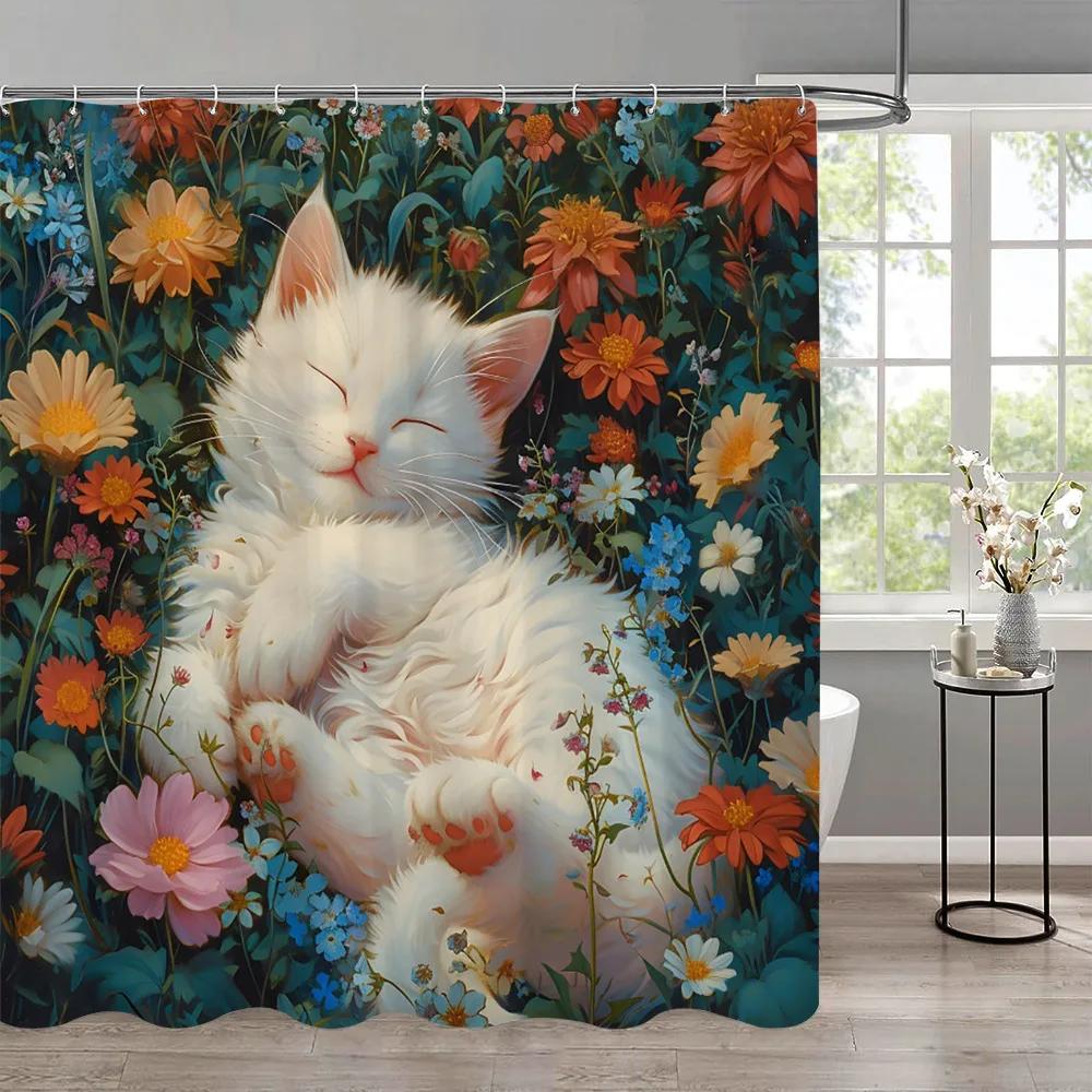 Funny Cat Children'S Shower Curtain Colourful Cartoon Patterns Children'S Room Curtains Bathroom Decor Accessories With Hooks