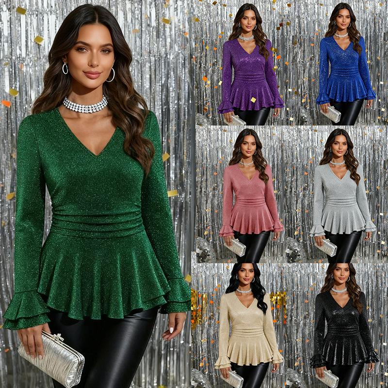 2026 Women Sparkly Peplum Blouse V Neck Ruffle Flare Long Sleeve Elegant Party Casual Solid Color Top