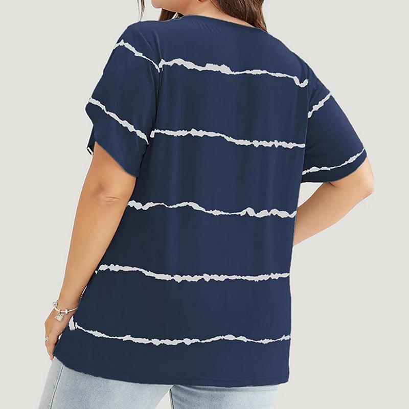Dámské letní tričko s krátkým rukávem a V-výstřihem, pruhovaným potiskem, volné, s volánkovými krátkými rukávy, ležérní, prodyšné, pohodlné, na práci, dovolenou, plus size top(XL~5XL)