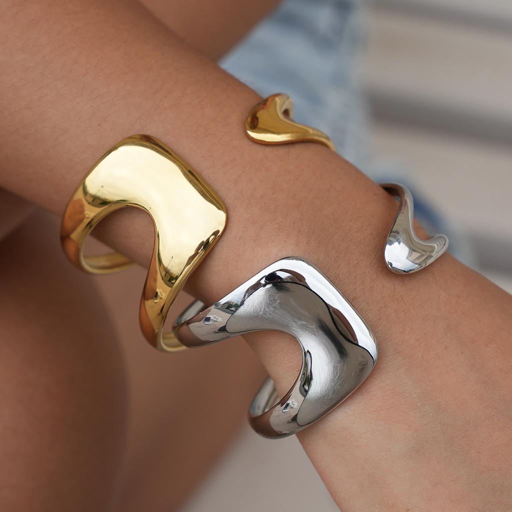 Minimalist 18K Gold Stainless Steel Modern Silver Stainless Steel Simple Double Layer Hollow Cuff Bangle Bracelet for Women
