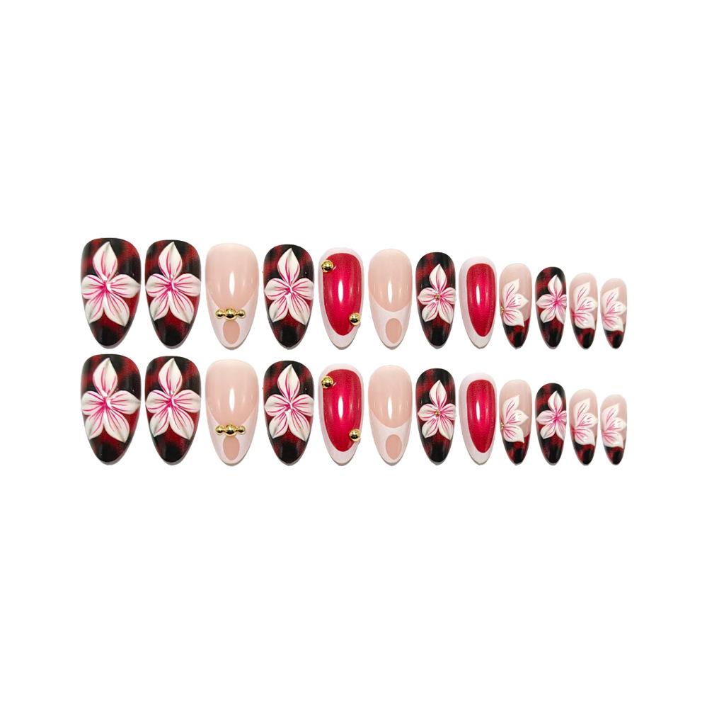 3D Pink Flower Leopard Print Almond Medium-Long French Wearable Nail Tips