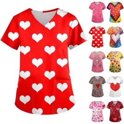 Ladies' Valentine's Day Printed Fashionable V-neck Pocket Short Sleeved  Uniform And Caregiver Top