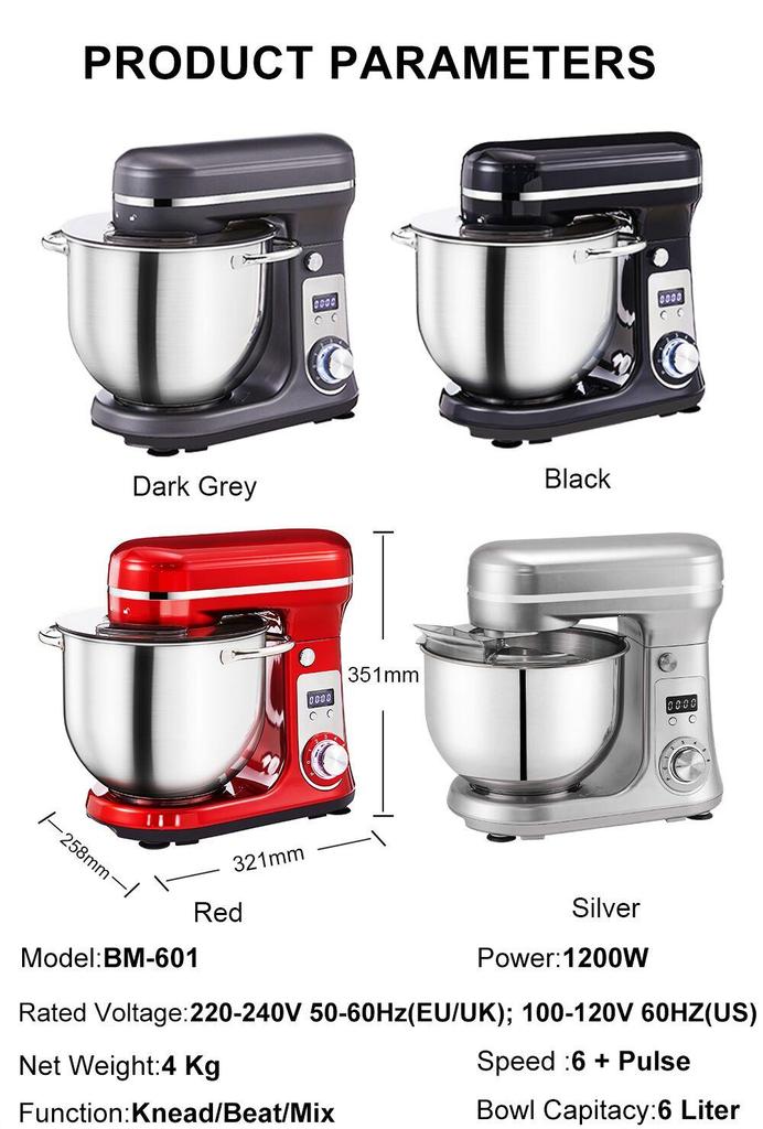 Biolomix Stand Mixer, 1200W DC Quiet Motor 6L Stainless Steel Bowl, 6+Pulse Speeds Electric Kitchen Mixer with LCD Timer, Dough Hook, Beater, Whisk