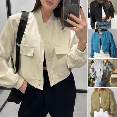 Women's Cropped Jackets Stand Collar Varsity Shacket Coat Casual Button Down Long