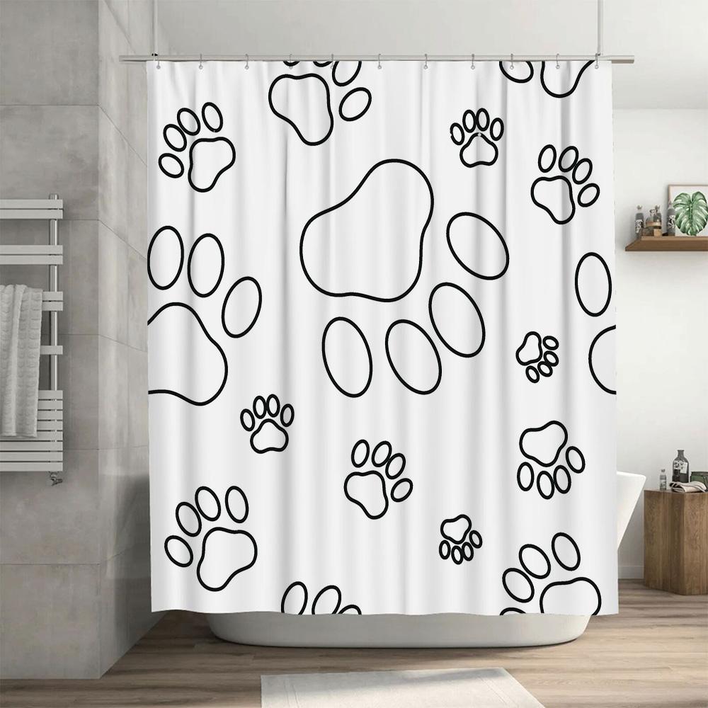 Footprint Shower Curtain Black White Dog Paw Design for Bathroom Decorations