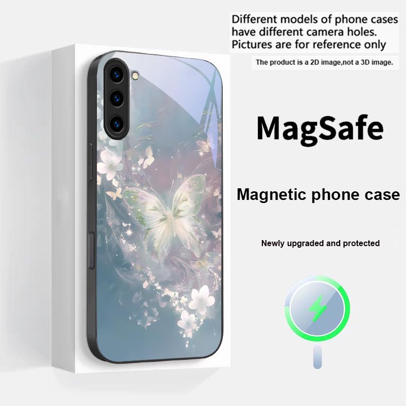 Dreamy Striped Butterfly For Magsafe Samsung S25 S25 Edge S25Ultra S8 9 10 20 S21 Pro 22 Plus S23 FE S24 Ultra Glass Phone Case