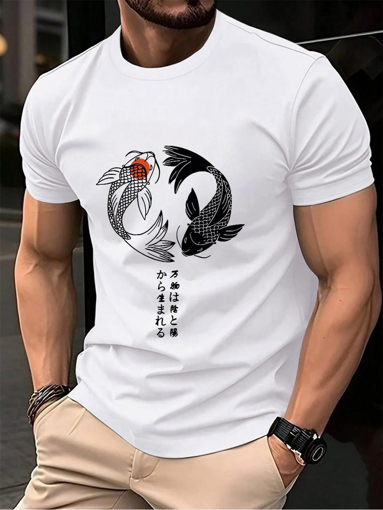 Japanese Koi Harajuku Printing Men TShirt Cotton Summer Short Sleeve Tops Soft Oversized ONeck T Shirt Casual Male Clothes