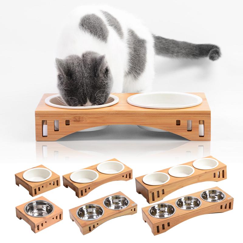 Animale de companie boluri duble câine pisică hrană apă hrănitoare ceramică farfurie bol bambus raft pisici hrănire feluri de mâncare câini mici bol de băut animale de companie provizii