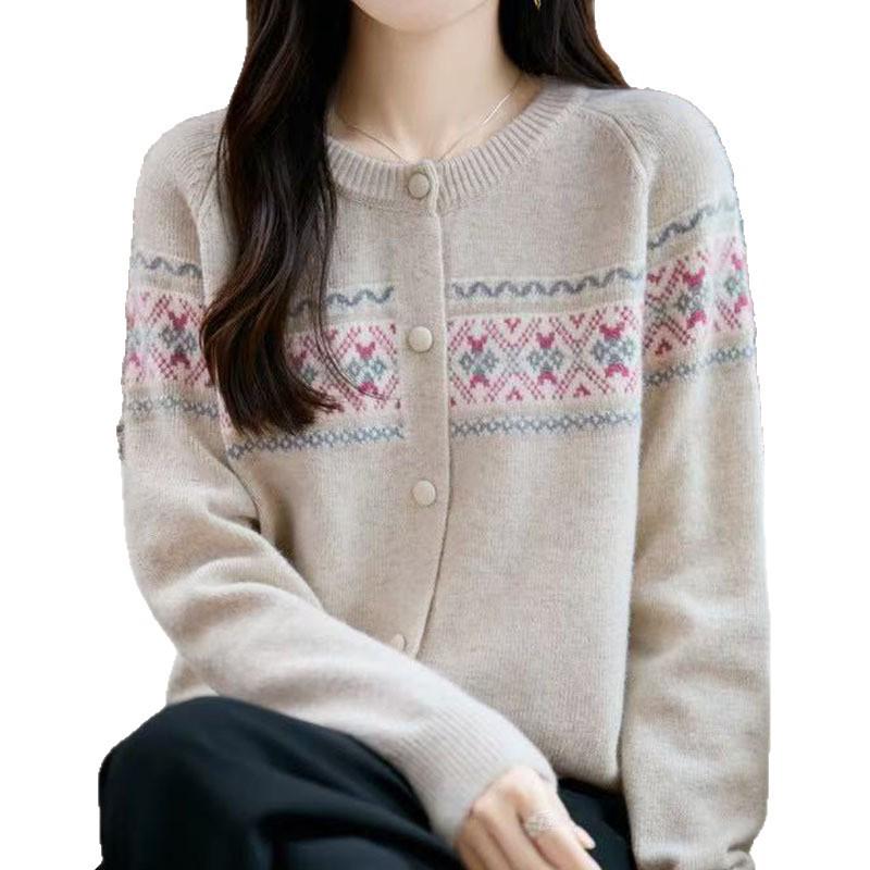 Autumn 2025 Korean Style Round Neck Wool Cardigan - Women's Retro Jacquard Button Sweater, Loose & Slimming.