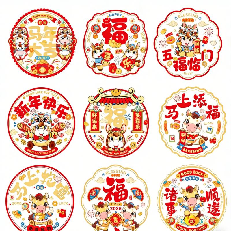 12pcs Lunar Year Cute Cartoon Windows Sticker Decoration Chinese New Year Self-adhesive Stickers Decor Home Atmosphere Ornaments