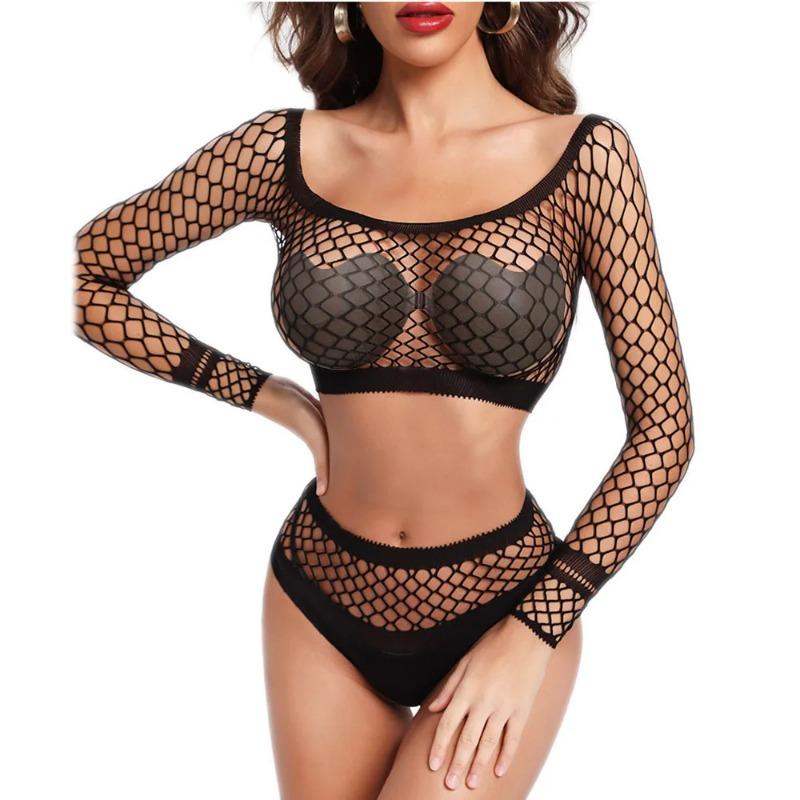2025new Cup+Panty Fishnet Sleeve Bodystockings Sexy Lingerie Erotic Teddy Fantasy Corset Bodysuits for Women Mesh Sheer Babydoll