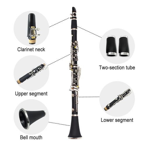 Yinfente Professional Ebonite Clarinet, B Flat, for Beginners, with Two Barrels, Hard Case, Cleaning Kit, Mouthpiece, Cork Grease, and Gloves