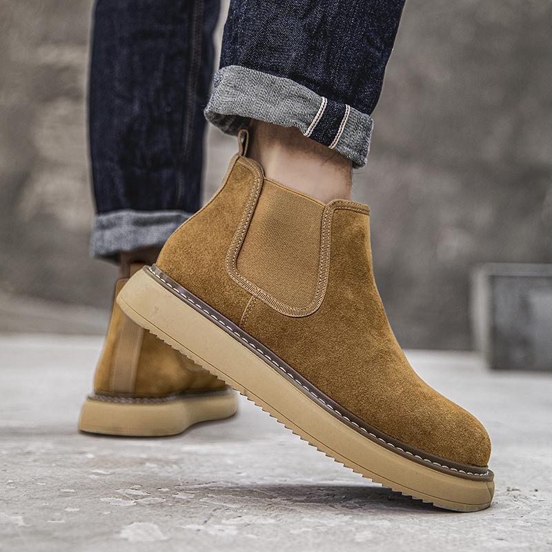 Fashion Genuine Leather Men Winter Short Plush Boots British Style Warm Casual Leather Thick Bottom Winter Shoes Outdoor Walking Shoes