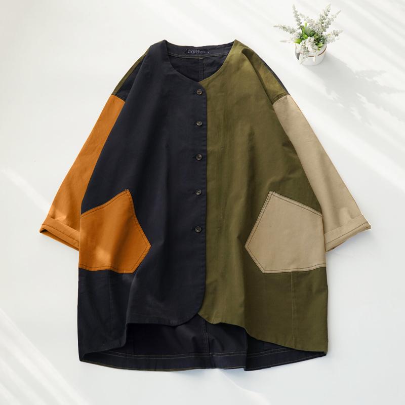 

ZANZEA Женские осенние рубашки с круглым вырезом и длинным рукавом, контрастные цвета M зелёный