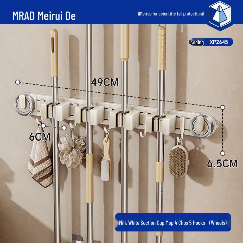 Movable Suction Cup Mop Clip Wall-Mount Storage Rack