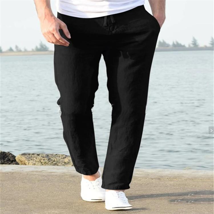 Men's linen summer casual pants drawstring elastic waist solid color breathable daily pencil small feet trousers