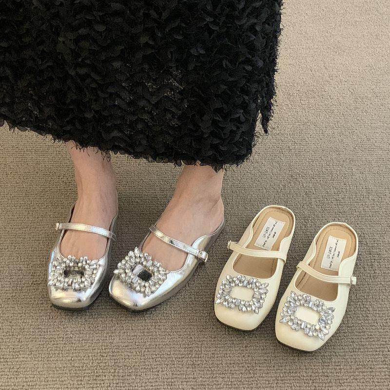 French Rhinestone Square Buckle Mary Jane Shoes One-word Buckle Thick Heel Fairy Wind Shallow Mouth Single Shoes 2025 Spring and Summer New Explosion