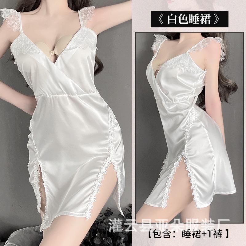 

Sexy lace perspective temptation halter pajamas solid color suspender pajamas women s loungewear set M білий