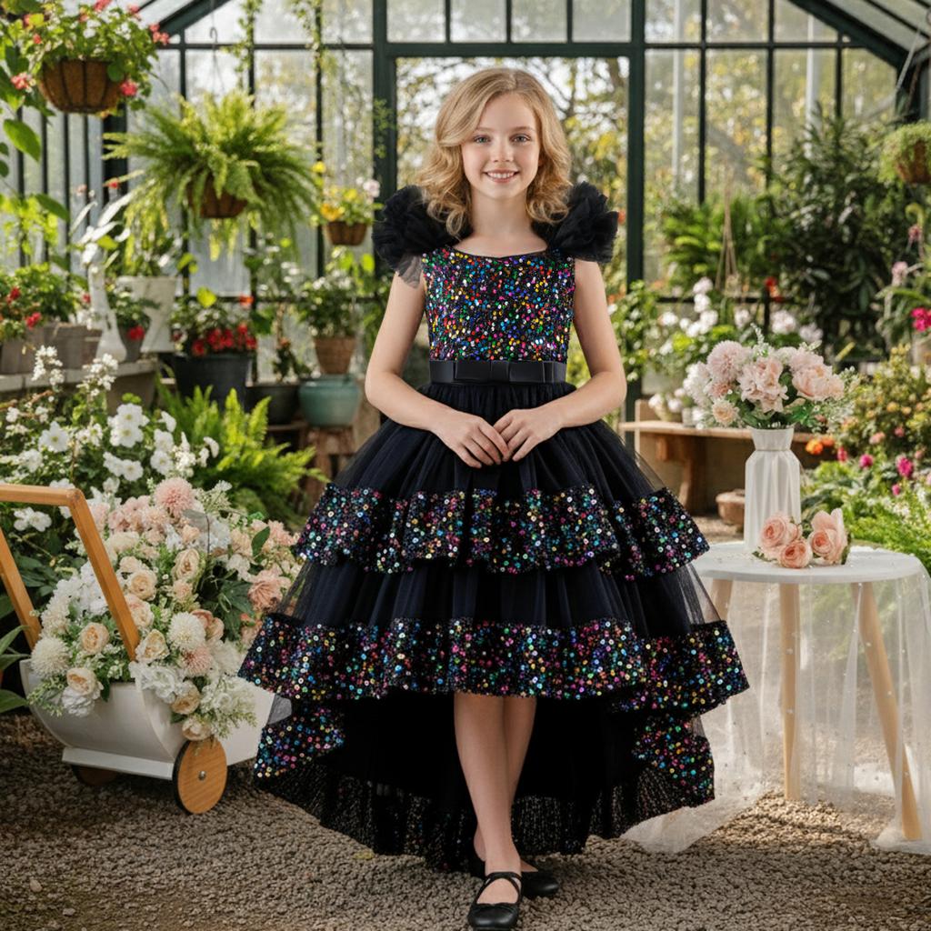 Pailletten-Prinzessinnenkleid: Formelles Kleid für Mädchen für Geburtstage und Partys – Schleife, Pailletten, Trägerlos, Schleppe