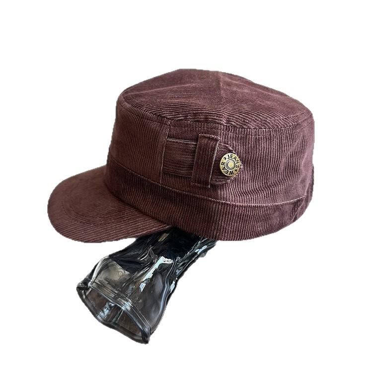 Fashion Hat Korean version button retro black flat top cap women's literary niche casual versatile face small equestrian hat tide