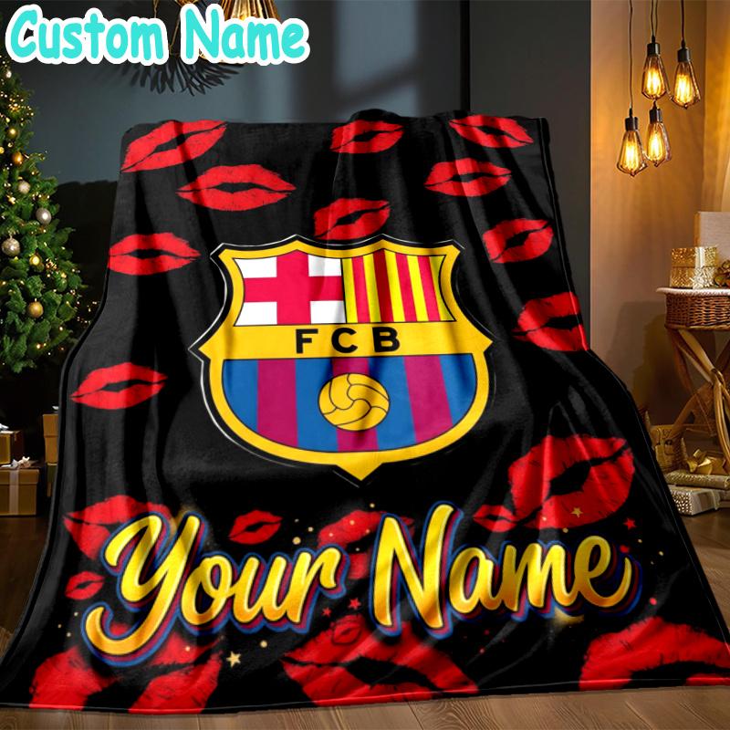 Custom Name Barcelona Football Throw Blanket - Perfect for Couch, Bed, Office, and outdoor Travel - Ideal Gift for Christmas & Holidays