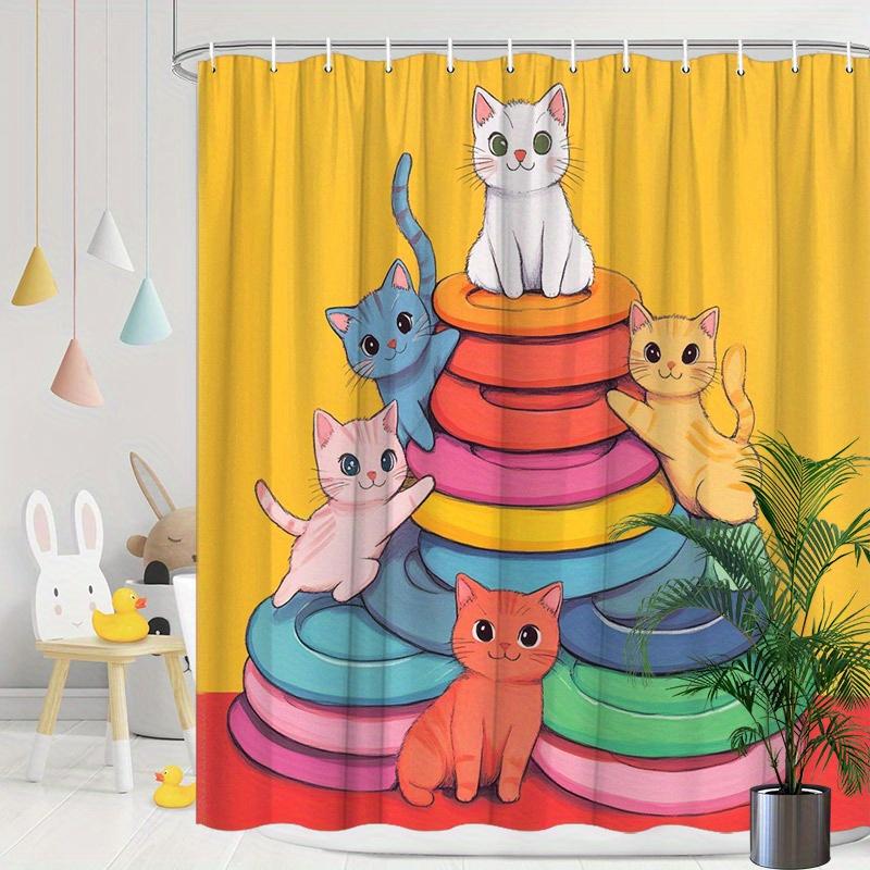

Игривые котята Шторка для душа - Милые мультяшные кошки на разноцветных дисках, Желтый полиэстер, 70,8x70,8 дюймов, Идеально для любителей кошек W90XH180cm