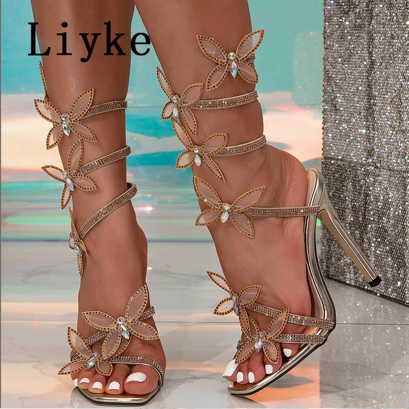 Fashion Liyke Fashion Glitter Rhinestones Women Sandals Crystal Butterfly Square Toe Wedding Party Stripper Shoes High Heels Black Blue