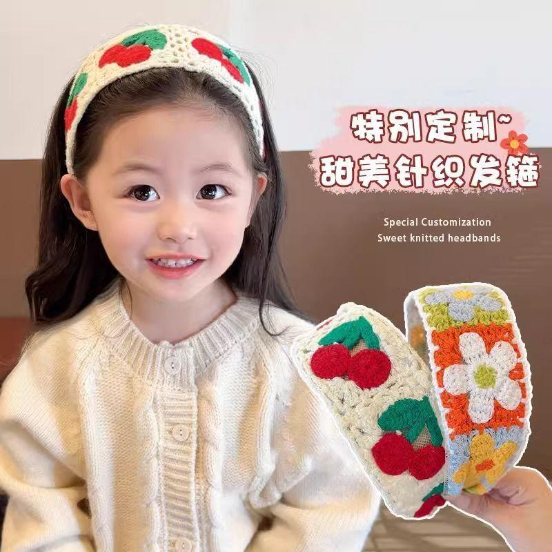 Children's sweet knitted embroidery wool flower headband girl finishing broken hair artifact wide edge headband hair accessories hairpin