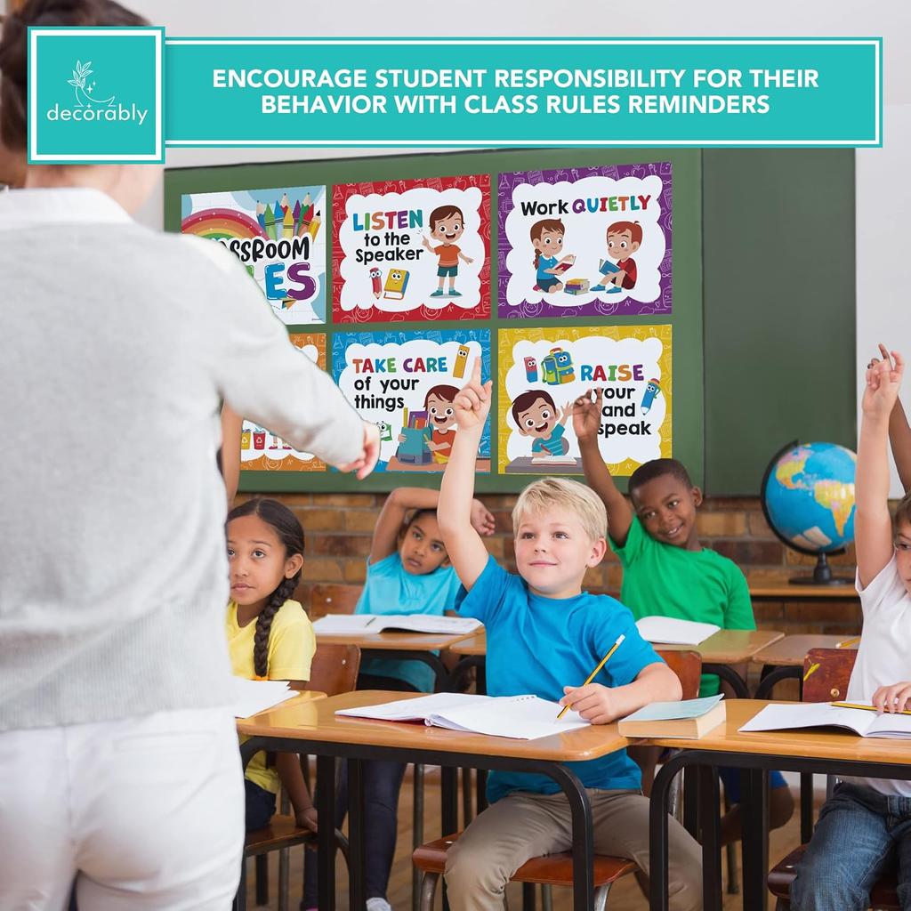 Decorably 12 Hanging Colorful Classroom Rules Poster Set with Accompanying Ribbon, 12x10in Matte-Laminated pirational Classroom Rules Elementary