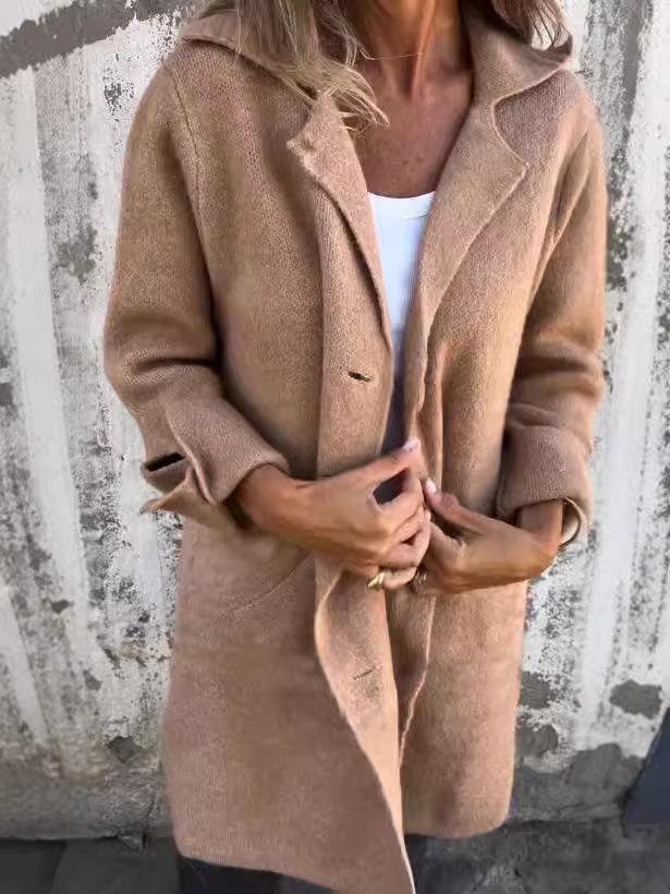 2024 Women's Solid Color Cardigan Coat - Turn-Down Collar, Pockets, Single-Breasted, Mid-Length (Autumn/Winter)
