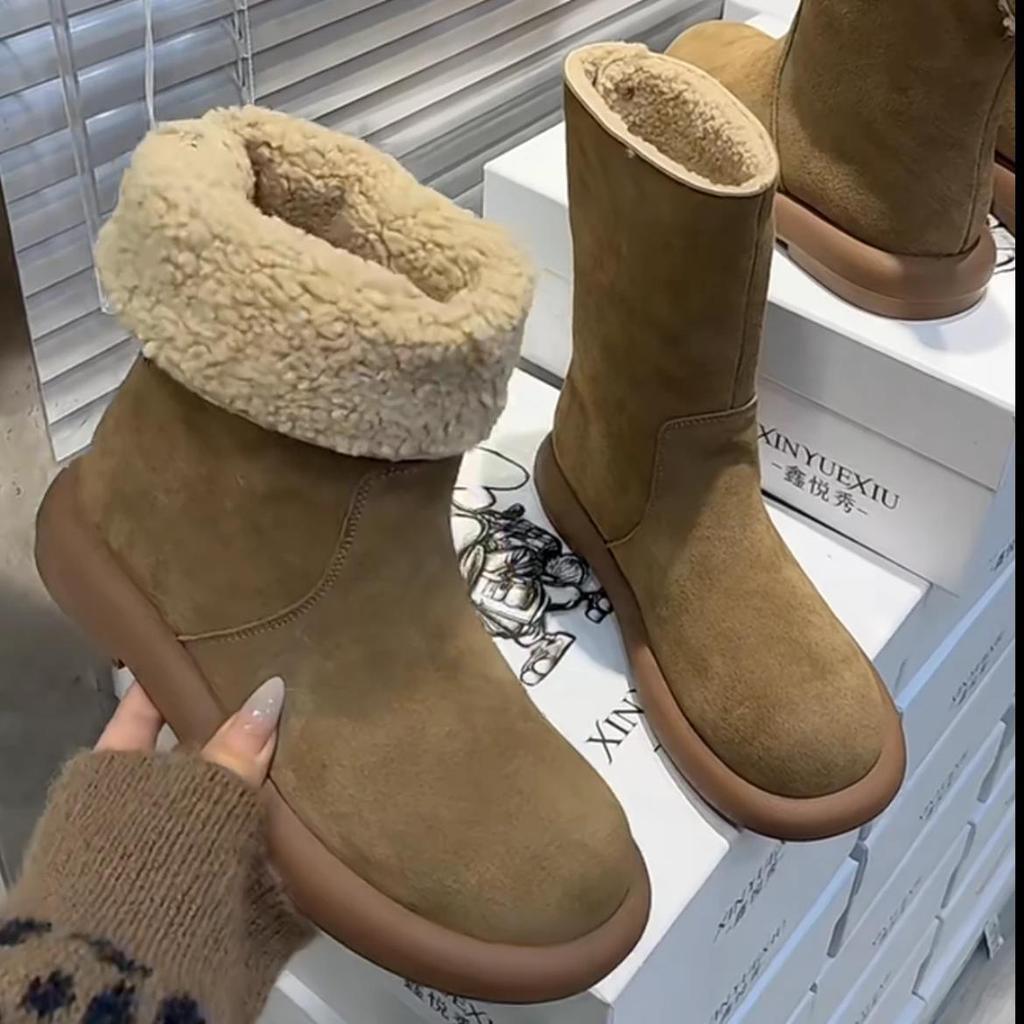Pure Leather Velvet Martin Boots Female Flat Bottom Internet Celebrity Two Wear Milk Tea Color Short Boots Snow Boots